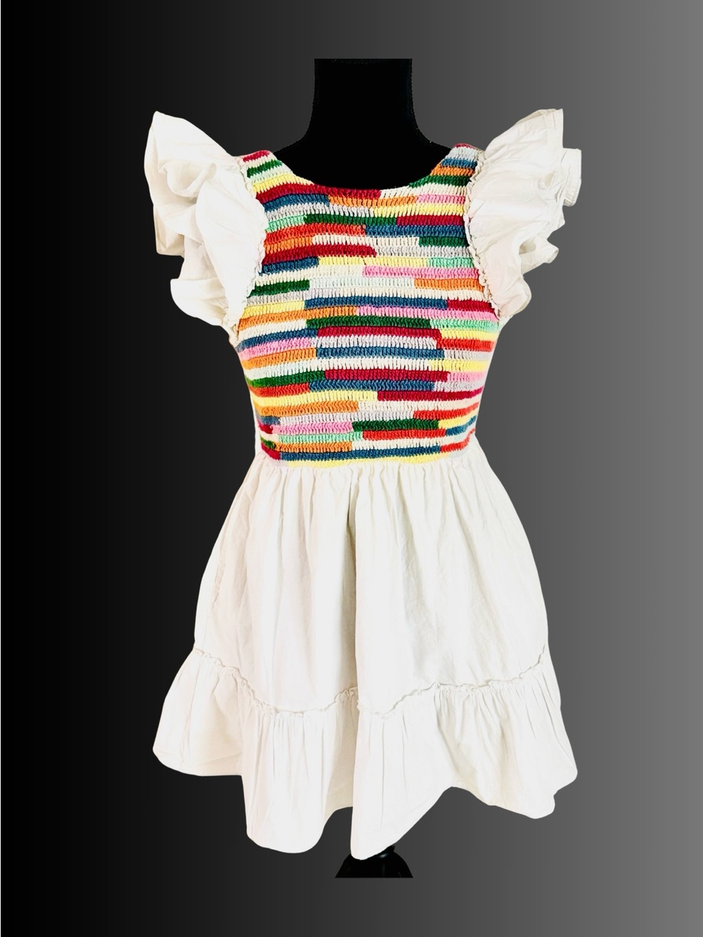 Saylor Leonara Rainbow Crochet Striped Mini Dress Small White 100% Cotton